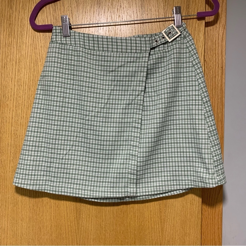 John Galt Brandy Melville Green Plaid Mini Skirt Wrap with Buckle